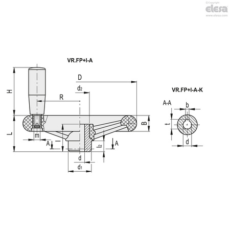 Elesa Revolving handle, drilled hub, VR.180 FP+I-A16-K VR.FP+I-A